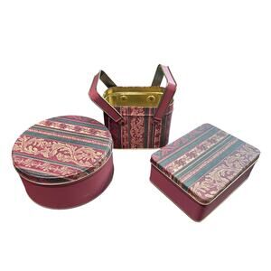 Set of 3 - 90s Mauve pink Green decorative tin - cottage retro trinket boxes